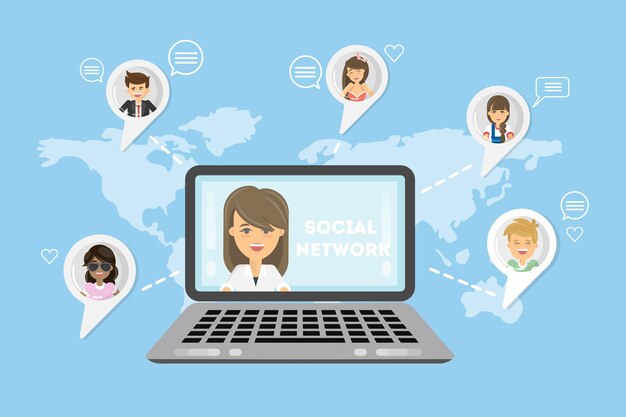 Conexión de red social Laptop y mapa La gente se comunica en todo el mundo