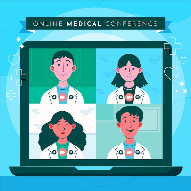 Conferencia médica en línea plana ilustrada.