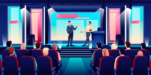 Conferencia de negocios o seminario en el salón del auditorio Orador en el podio dando una presentación a la audiencia en un evento de asientos o convención de foro en el centro moderno