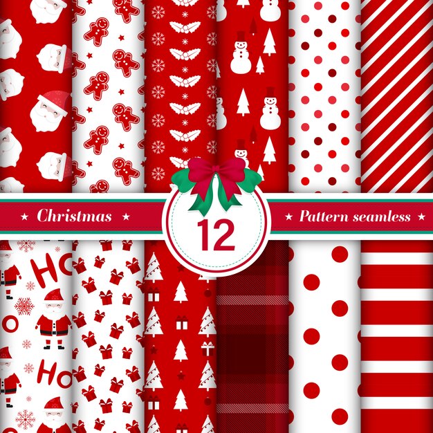 Conjunto de 12 patrones de feliz Navidad sin costuras.