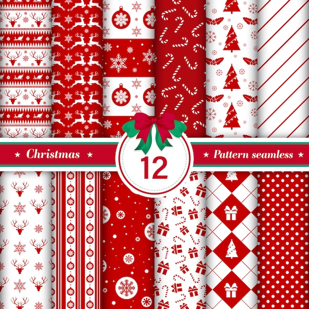 Conjunto de 12 patrones de feliz navidad sin costuras.