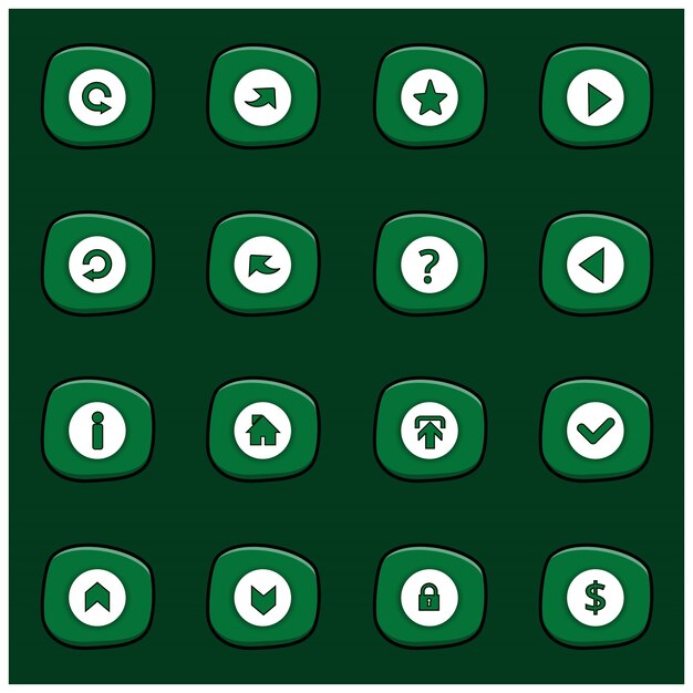 Conjunto de 16 iconos blancos sobre rectángulos verdes redondeados