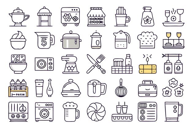 Un conjunto de 36 iconos de línea relacionados con la cocina y la comida