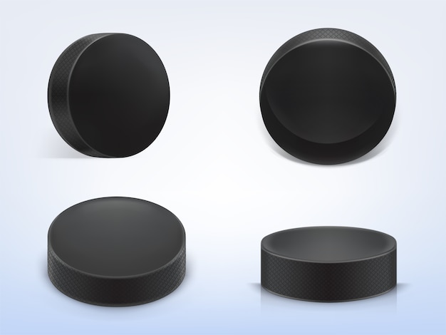 Vector gratuito conjunto de 3d discos de goma negro realista para jugar hockey sobre hielo aislado sobre fondo claro