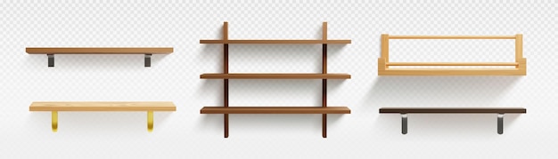 Vector gratuito conjunto 3d de estanterías de madera sobre un fondo transparente