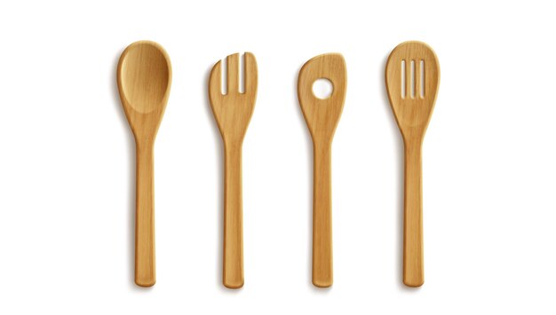 Conjunto 3D de utensilios de cocina de madera