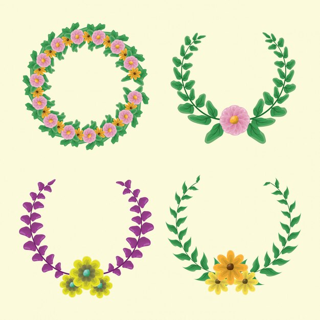 Conjunto de 4 corona de laurel con colores verde y morado con flores amarillas y rosadas