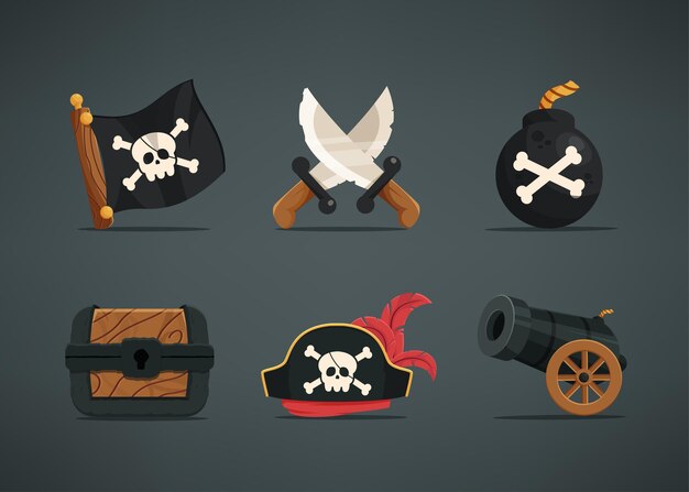 Conjunto de 6 elementos de activos para personajes piratas, como banderas piratas, espadas dobles, granadas, cofres del tesoro, sombreros piratas, cañones.