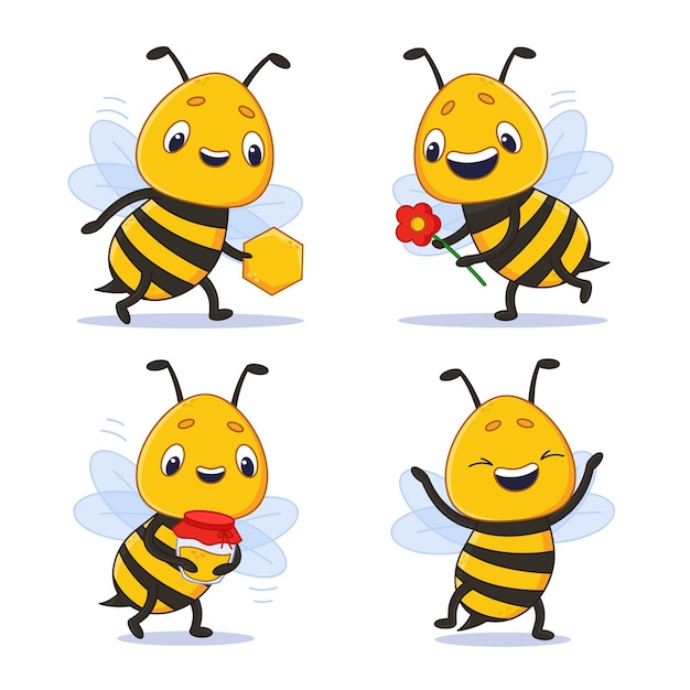 Vector gratuito conjunto de abeja feliz de dibujos animados con tarro de flores de miel y panal