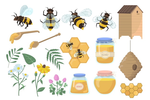 Vector gratuito conjunto de abejas y miel. flores, colmena y panales, tarro, olla y cucharón aislado sobre fondo blanco.