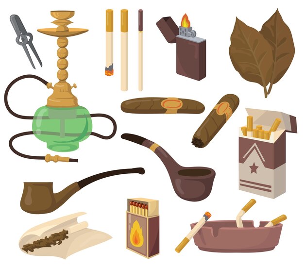 Conjunto de accesorios para fumar. Hojas de tabaco, cigarrillos, narguile, cigarro, pipa, cenicero aislado sobre fondo blanco. Colección de ilustraciones vectoriales para drogas, adicción a la nicotina, concepto de hábito dañino