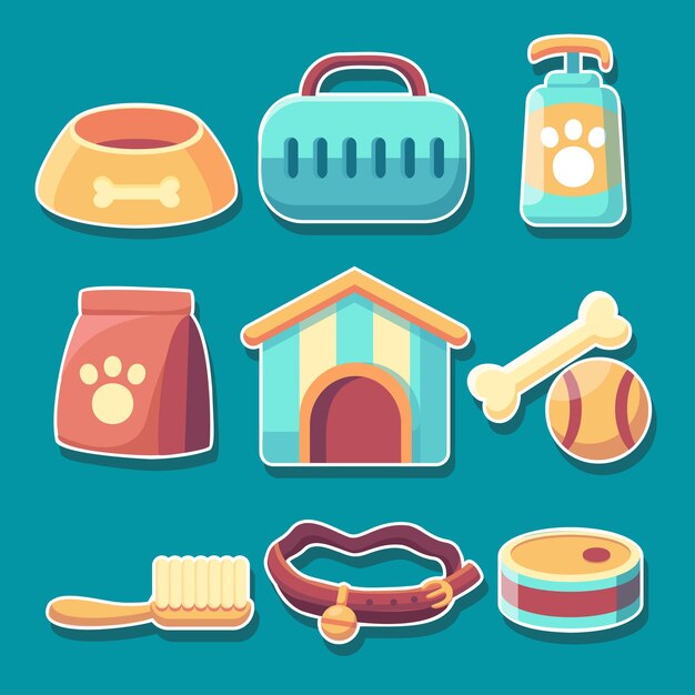 Conjunto de accesorios para perros o productos iconos de tienda de mascotas con collar de bolas de juguetes de alimentación Ilustración vectorial