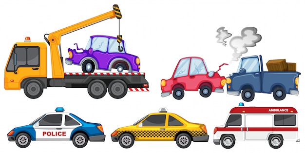 Conjunto de accidente automovilístico y coche de policía