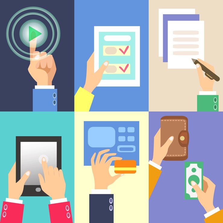 Vector gratuito conjunto de acciones de manos de negocios.