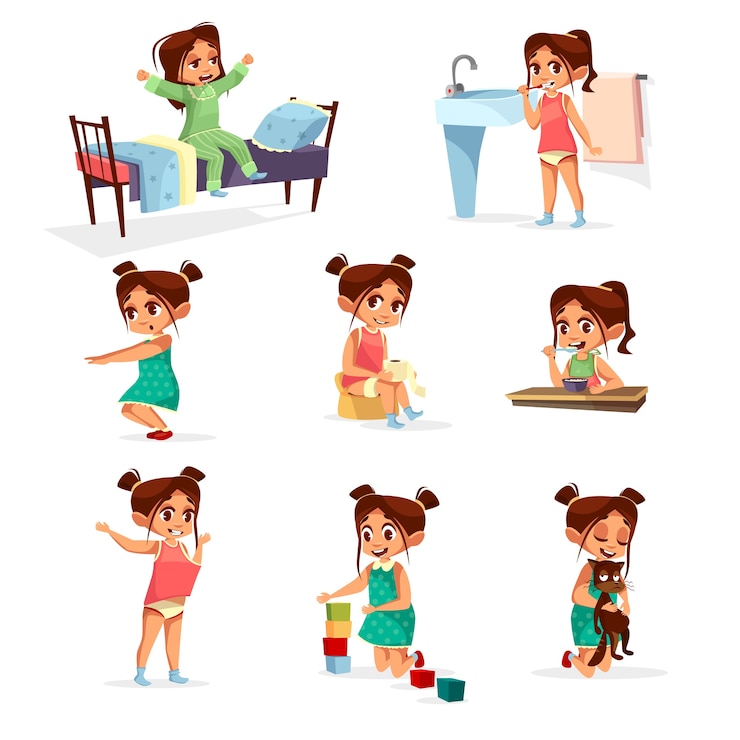 Vector gratuito conjunto de actividad de rutina diaria de niña de dibujos animados. personaje femenino levantarse, estirar, cepillarse los dientes