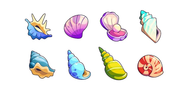 Conjunto de activos de juego de conchas y embarcaciones marinas.