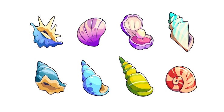Vector gratuito conjunto de activos de juego de conchas y embarcaciones marinas.