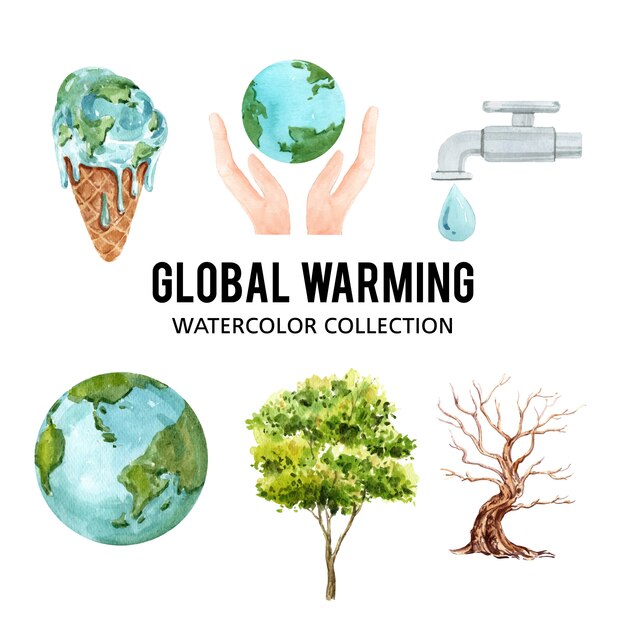 Conjunto de acuarela calentamiento global, ilustración de elementos aislados
