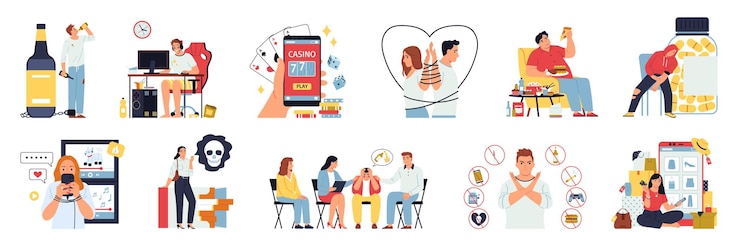 Vector gratuito conjunto de adicción con vistas conceptuales de personajes humanos de garabatos adictos a diferentes cosas y actividades destructivas ilustración vectorial