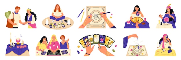 Conjunto de adivinación con símbolos de tarot y esotérica ilustración vectorial aislada plana