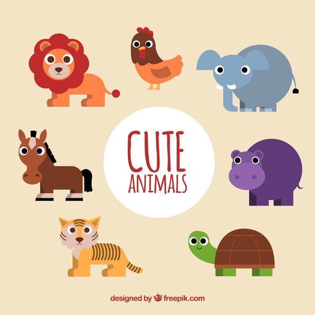 Conjunto adorable de animales con diseño plano