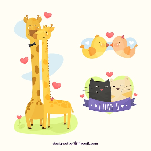 Vector gratuito conjunto adorable de animales enamorados