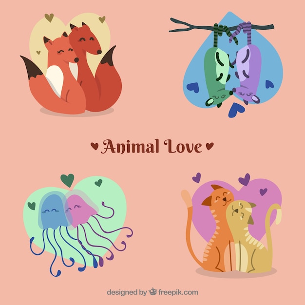 Vector gratuito conjunto adorable de animales enamorados