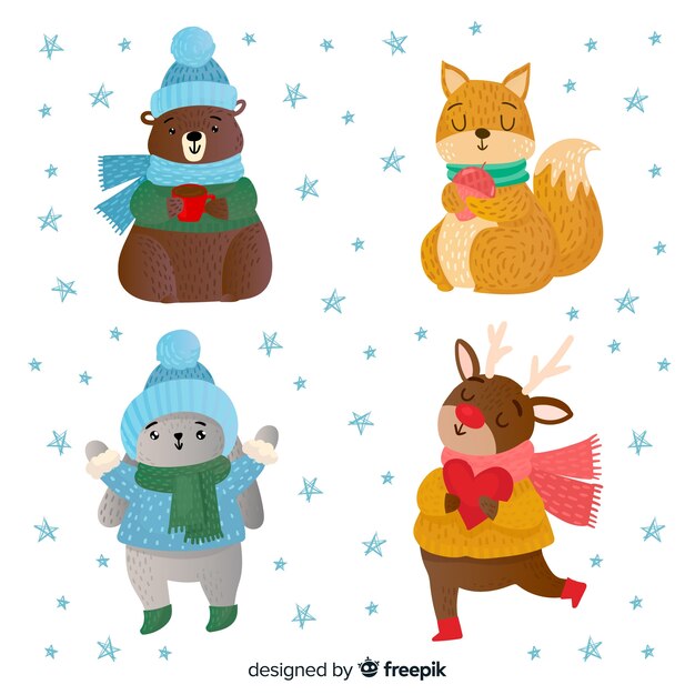 Conjunto adorable de animales invernales dibujados a mano