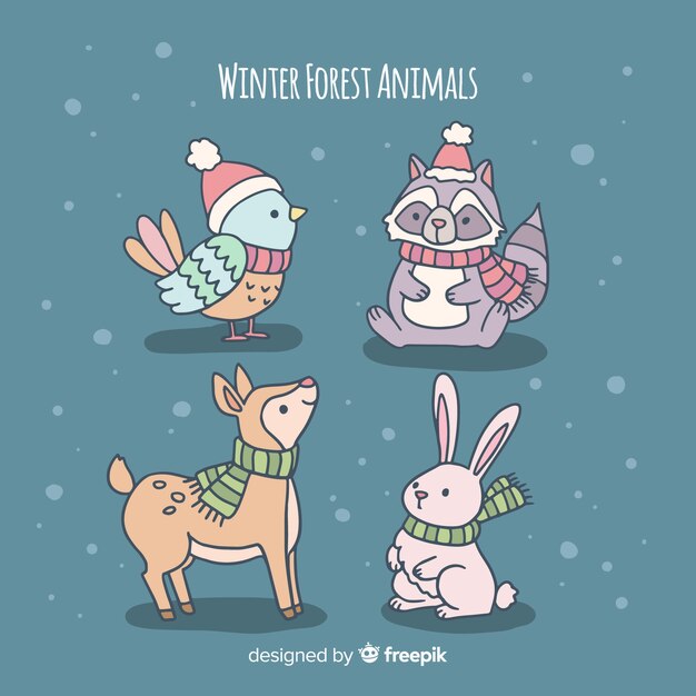 Conjunto adorable de animales de invierno dibujados a mano