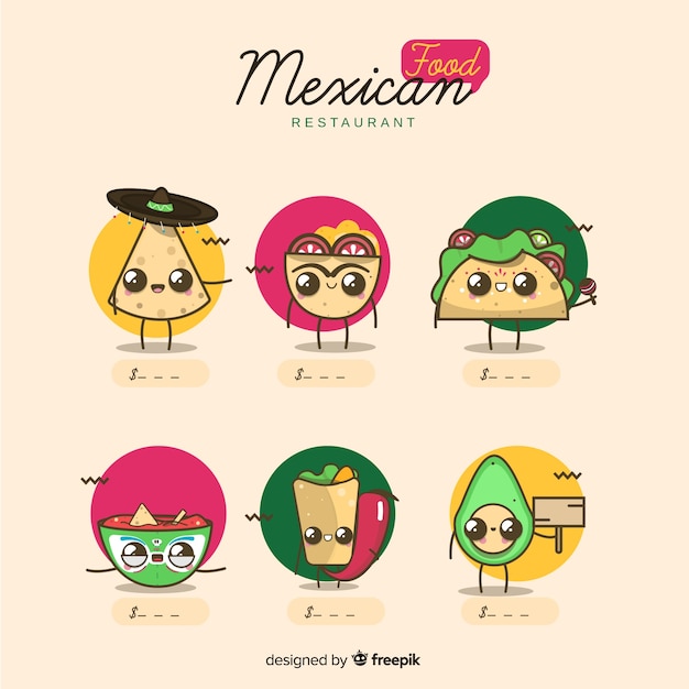 Vector gratuito conjunto adorable de comida mexicana