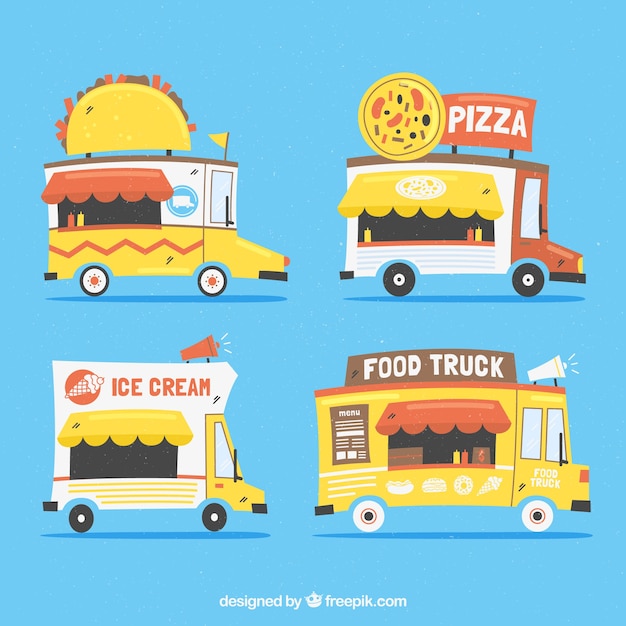 Conjunto adorable de food trucks dibujados a mano