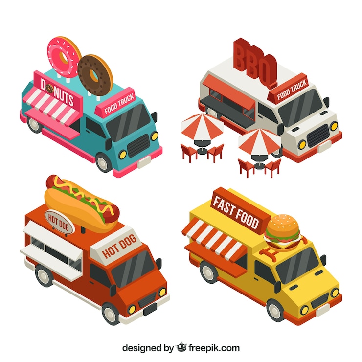 Vector gratuito conjunto adorable de food trucks isométricas