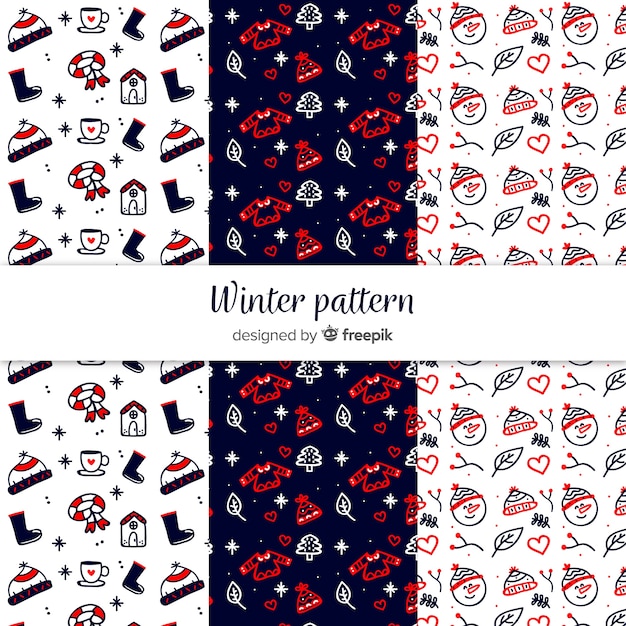 Vector gratuito conjunto adorable de patrones de invierno dibujados a mano