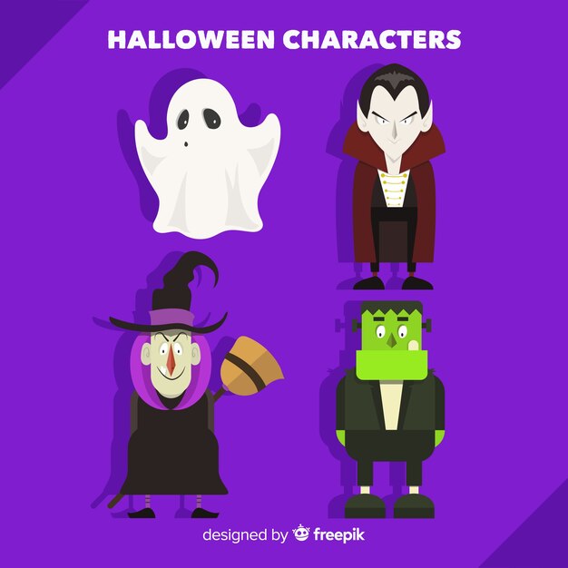 Conjunto adorable de personajes de halloween con diseño plano