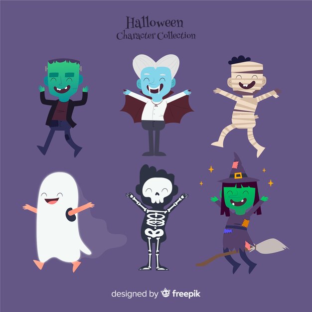 Conjunto adorable de personajes de halloween con diseño plano