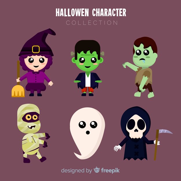 Conjunto adorable de personajes de halloween con diseño plano