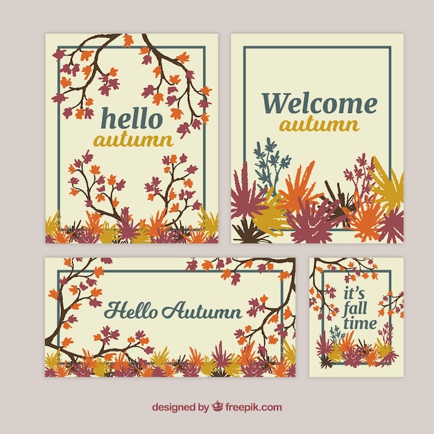 Vector gratuito conjunto adorable de tarjetas de otoño dibujadas a mano