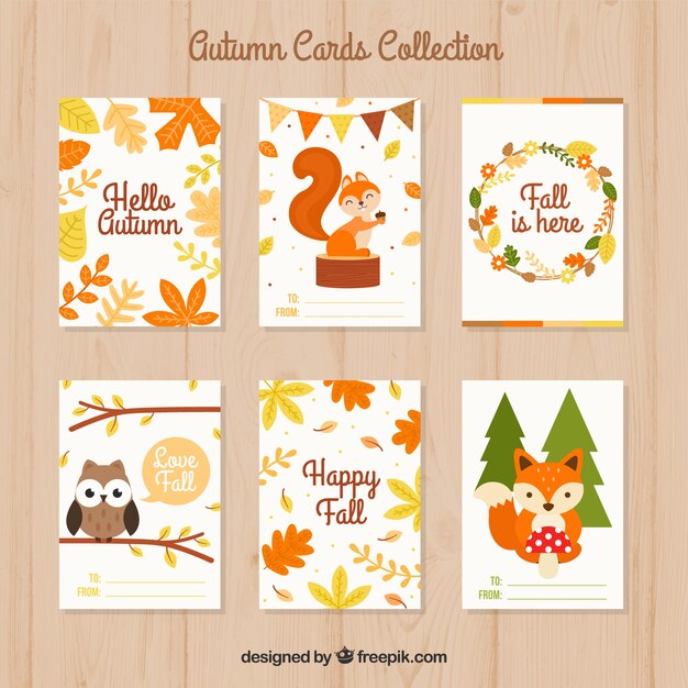 Vector gratuito conjunto adorable de tarjetas de otoño