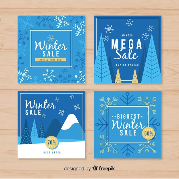 Vector gratuito conjunto adorable de tarjetas de rebajas de invierno