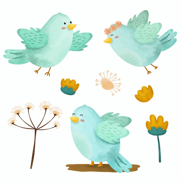 Vector gratuito conjunto de adorables pájaros y animales de dibujos animados de flores dibujando acuarela para ilustración vectorial de diseñador gráfico