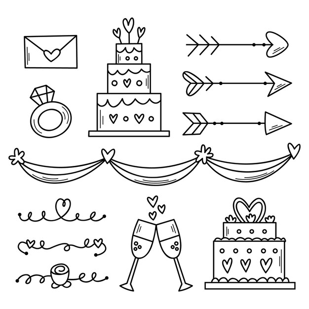 Conjunto de adornos de boda dibujados a mano
