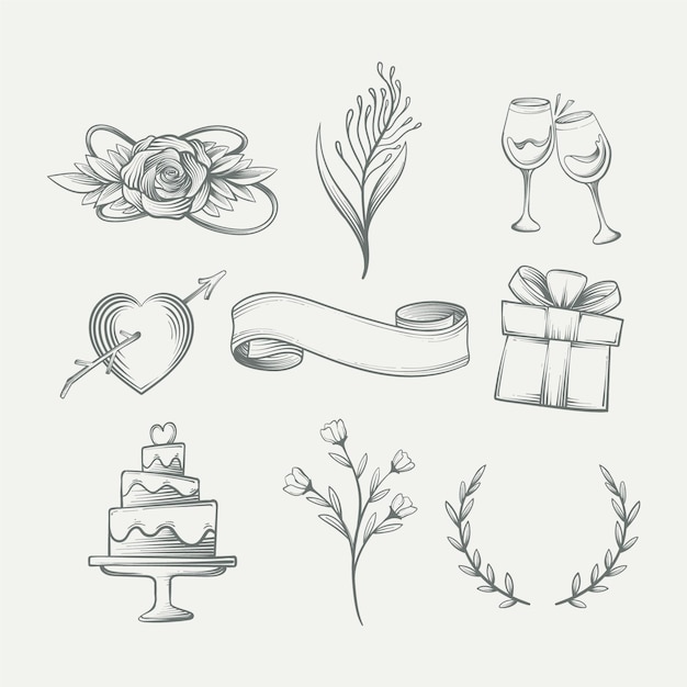 Vector gratuito conjunto de adornos de boda estilo dibujado a mano