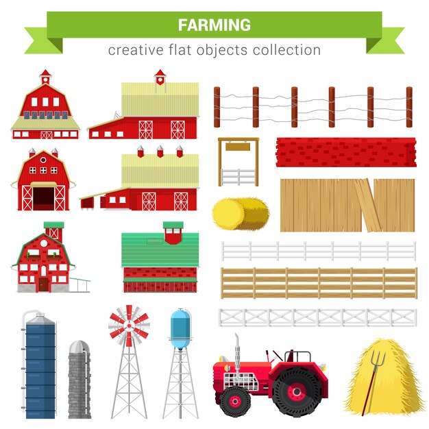 Conjunto de agricultura agrícola de estilo plano. Granja rancho edificio molino de granero procesamiento de almacenamiento de contenedores cerca de pila de tanque de agua tractor. Colección de objetos creativos.