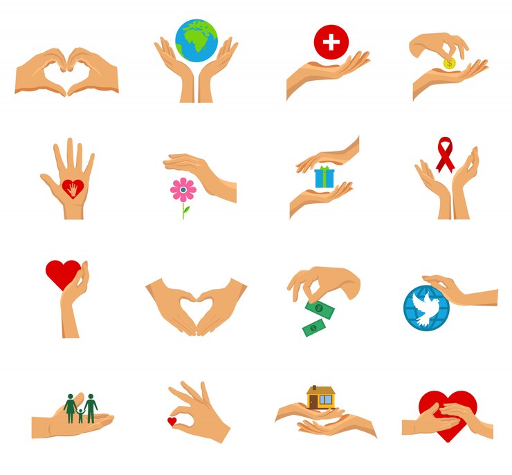Vector gratuito conjunto aislado de caridad manos icono plano