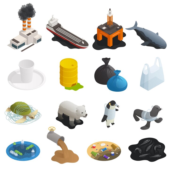 Vector gratuito conjunto aislado de contaminación oceánica con dieciséis íconos aislados de materiales de desecho y elementos en la ilustración vectorial de fondo en blanco