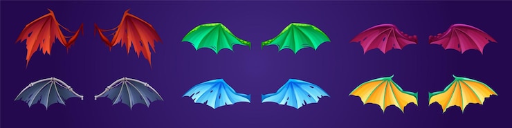 Vector gratuito conjunto de alas de fantasía de dragón, demonio o murciélagos.