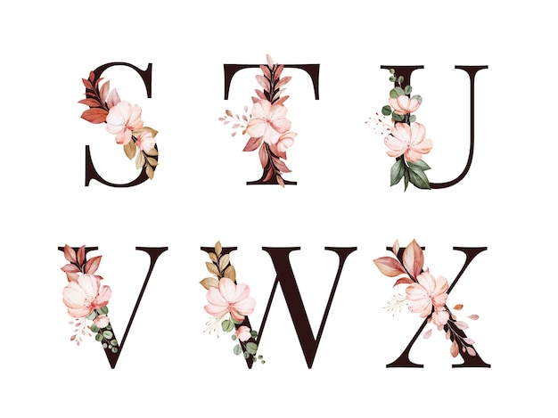 Conjunto De Alfabeto Floral Acuarela De A B C D E F Con Flores Y Hojas Rojas Y Marrones Composicion De Flores Para Logo Tarjetas Branding Etc Vector Premium