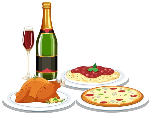 Conjunto de alimentos y bebidas.