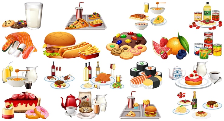 Vector gratuito conjunto de alimentos y bebidas
