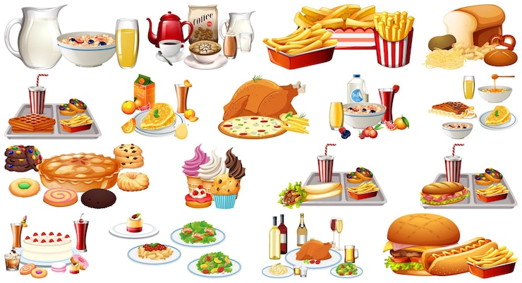 Vector gratuito conjunto de alimentos y bebidas